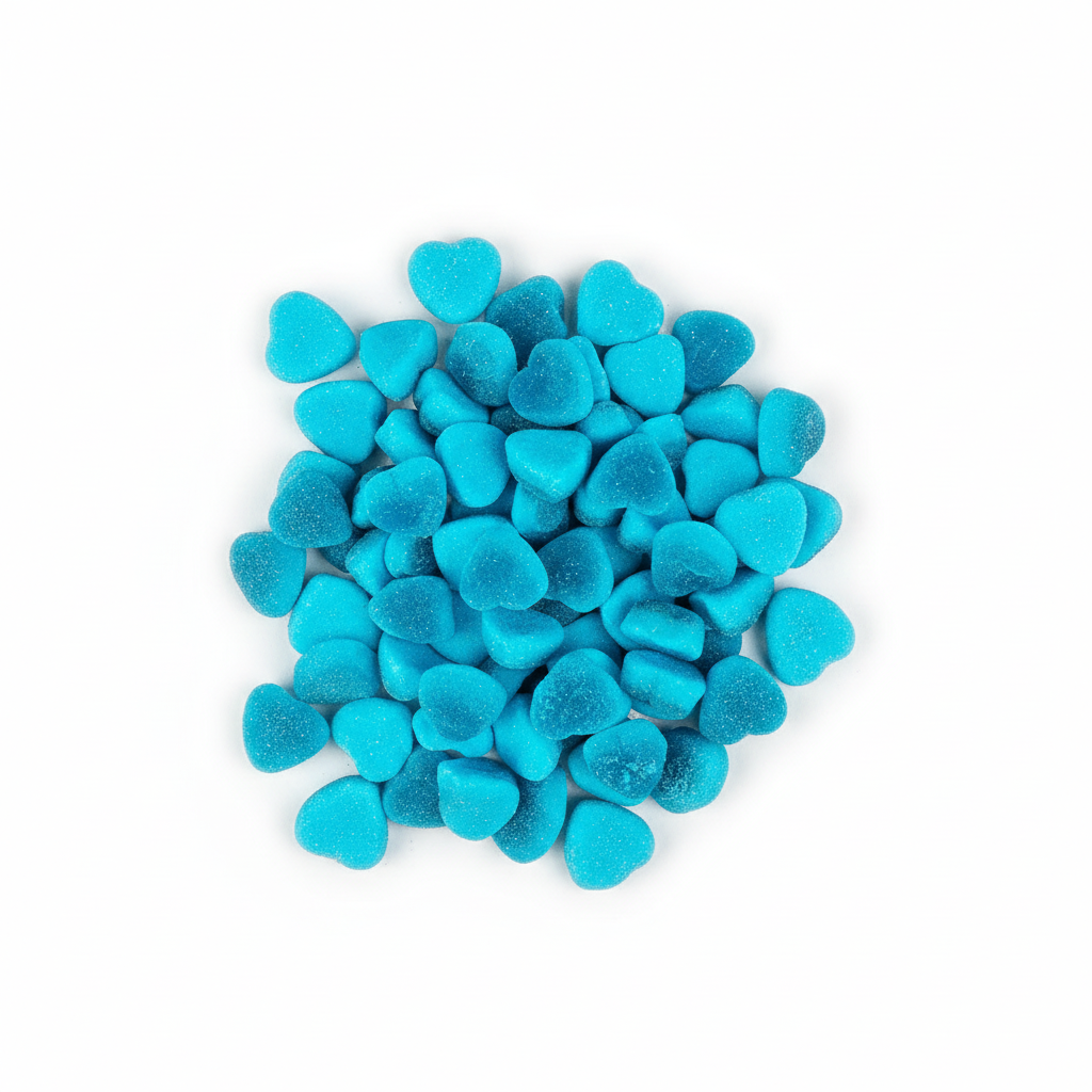 Tas de bonbons bleus en forme de cœur sur fond blanc